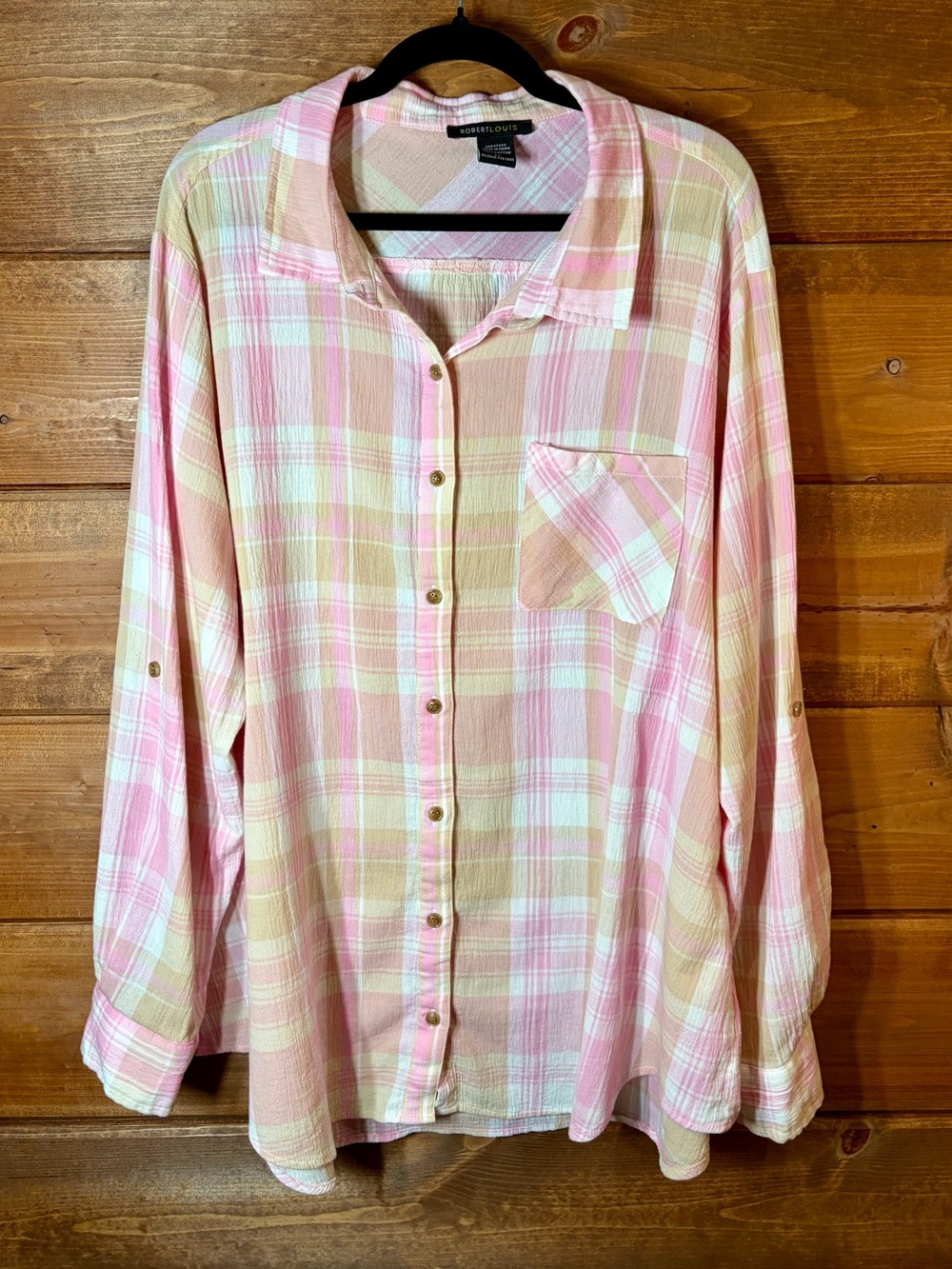 Robert Louis White Pink and Beige Plaid 100% Cotton Button-Down Shirt Size 3XL